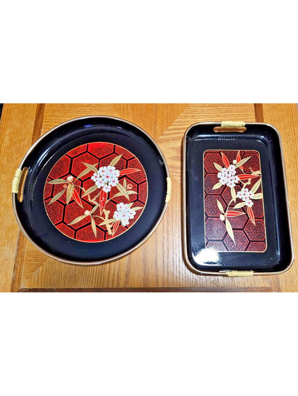 Lot of 2 vintage Serving Trays  Red White Cherry Blossoms